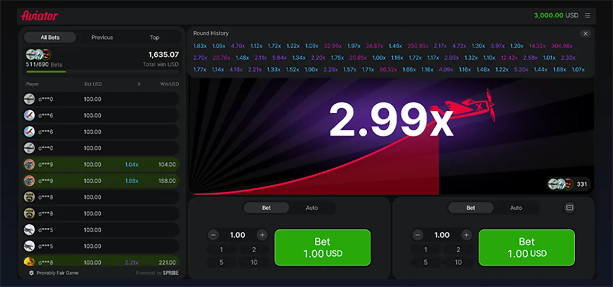 Interface do jogo Aviator